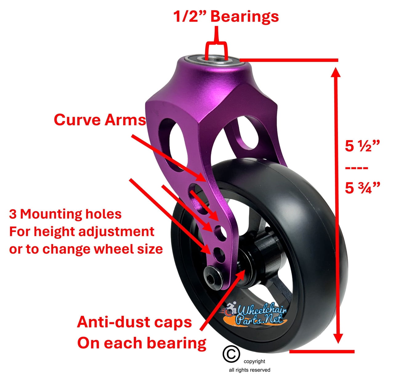 Purple Aluminum Caster Fork Assembly With 4x1.40 Soft Roll Wheels in Black Color