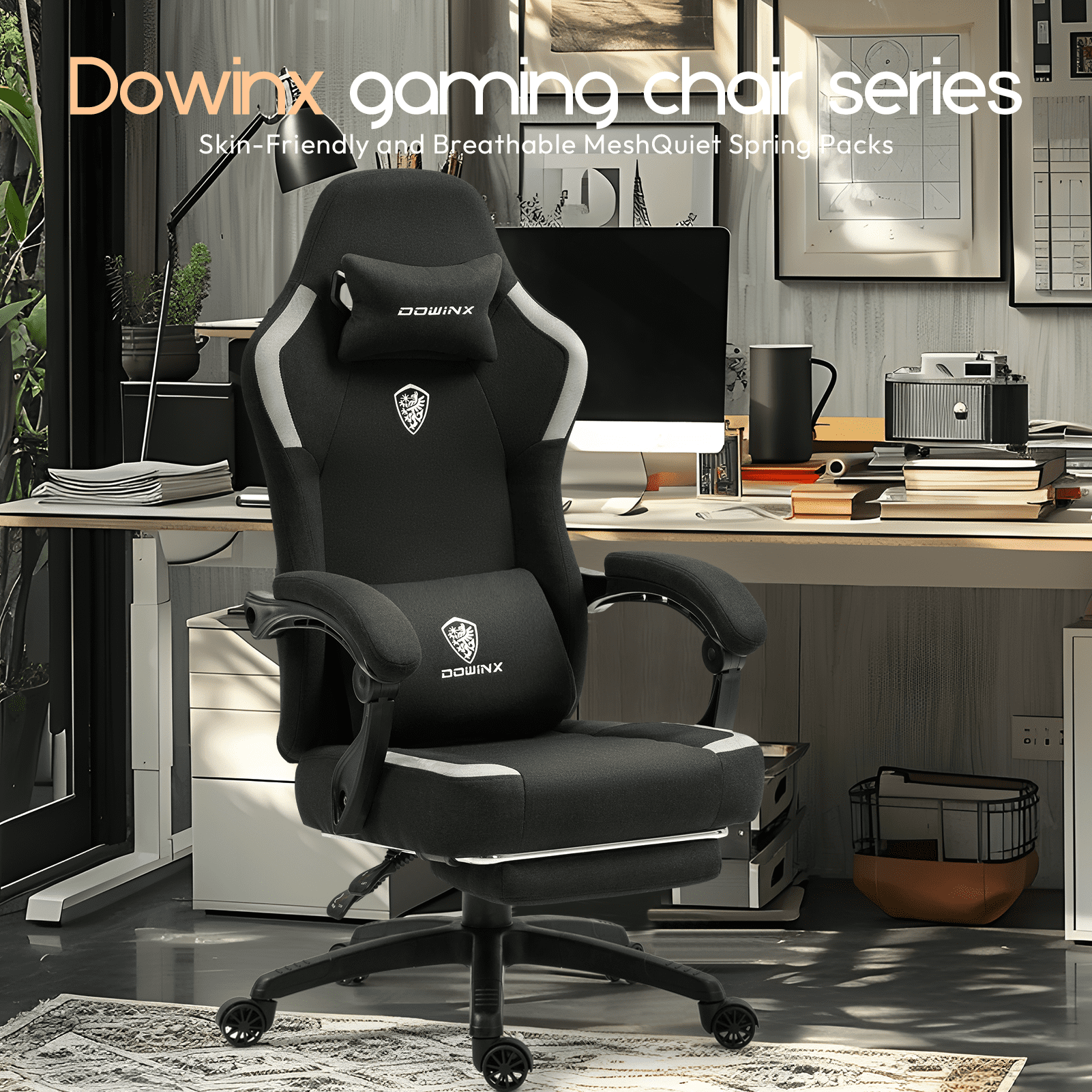 GOOSEA Fabric Gaming Chair with Pocket Spring Cushion, Breathable Computer Chair with Massage Lumbar Support and Footrest, High Back Office Chair for Adults, Black