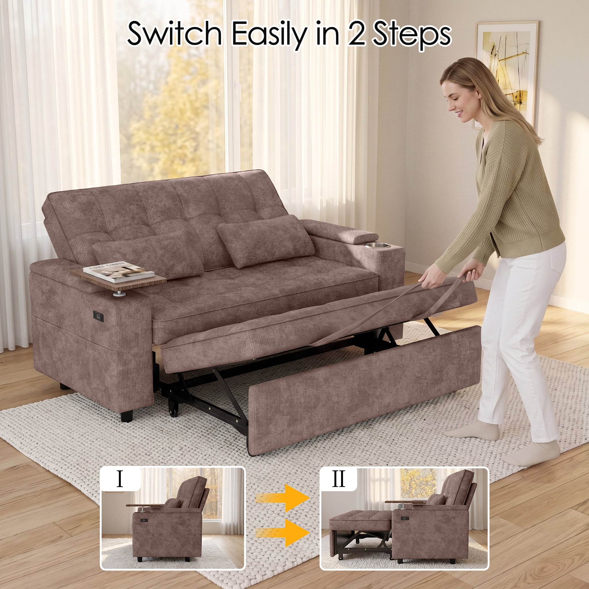 Xiweot 65" Sleeper Sofa Bed, 3-in-1 Convertible Chenille Futon Couch, Loveseat Sofa with Adjustable Backrest, Pull out Couch with Storage Armrest, Table & Pillows for Living Room Apartment (Brown)