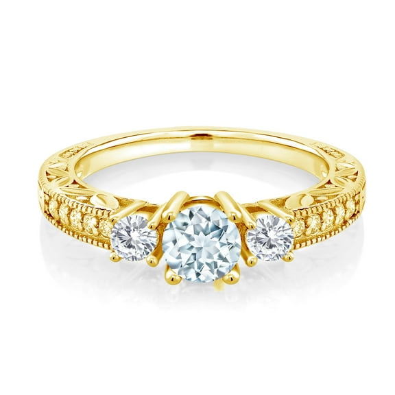 Gem Stone King 18K Yellow Gold Plated Silver 3-Stone Ring Round Sky Blue Aquamarine and Moissanite (0.83 Cttw, Size 8)