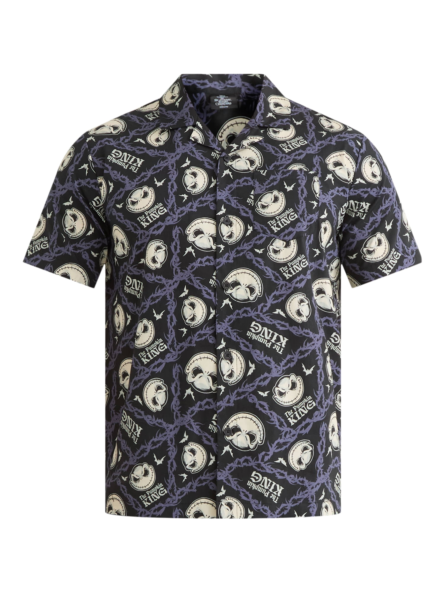Nightmare Before Christmas Men's and Big Men's Print Button-Up Cotton Shirt with Short Sleeves, Sizes XS-3XL