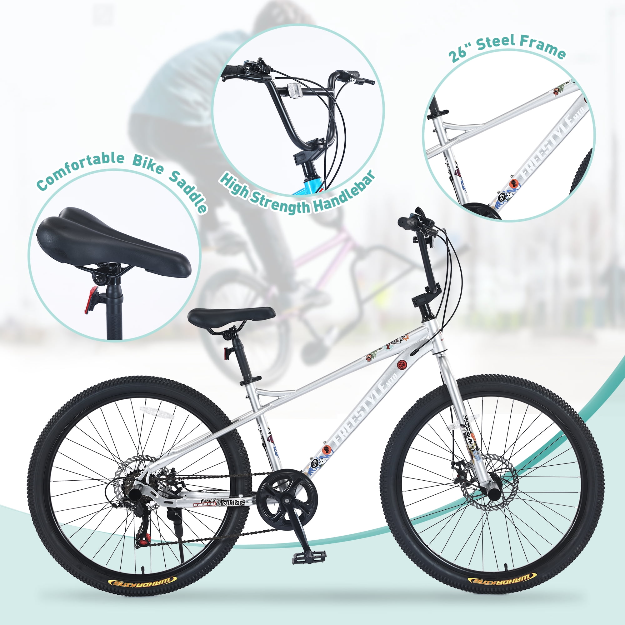 Aukfa 26" Freestyle BMX Bikes,Kids Mountain Bike for Boys Girls,Shimano 7 Speed,Double Disc Brakes,Silver