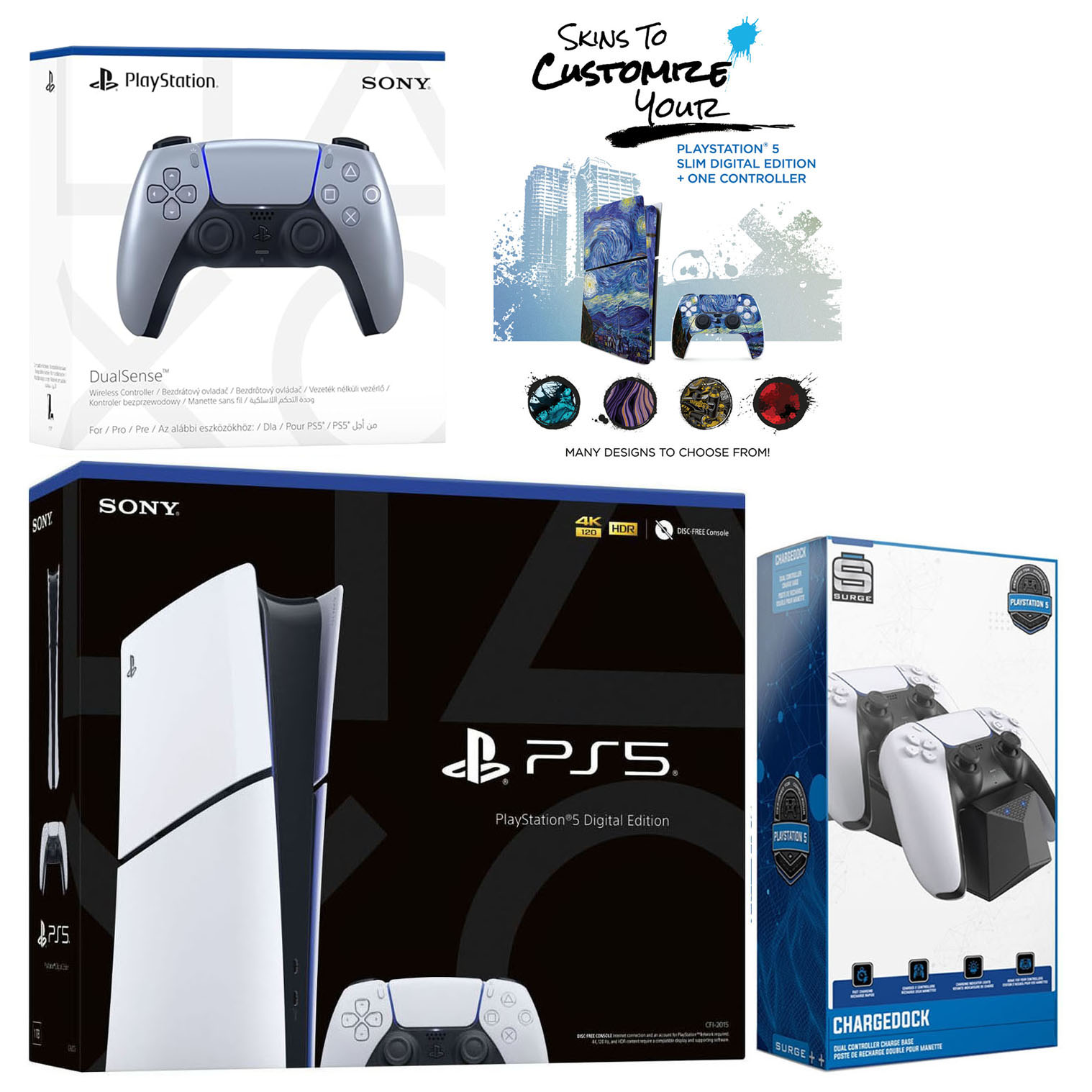 Sony Playstation 5 Slim Digital with Extra Sterling Silver Controller, Dual Charging Dock and MightySkins Decal Voucher Plus 1 Year CPS Extended Warranty