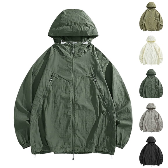 Xfvqtps Mens Light Jacket Sun Protection Hoodie Multiple Zippers Drawstring Long Sleeve Solid Color Fishing Hiking Athletic Running Lightweight Breathable Waterproof Summer Top Army Green