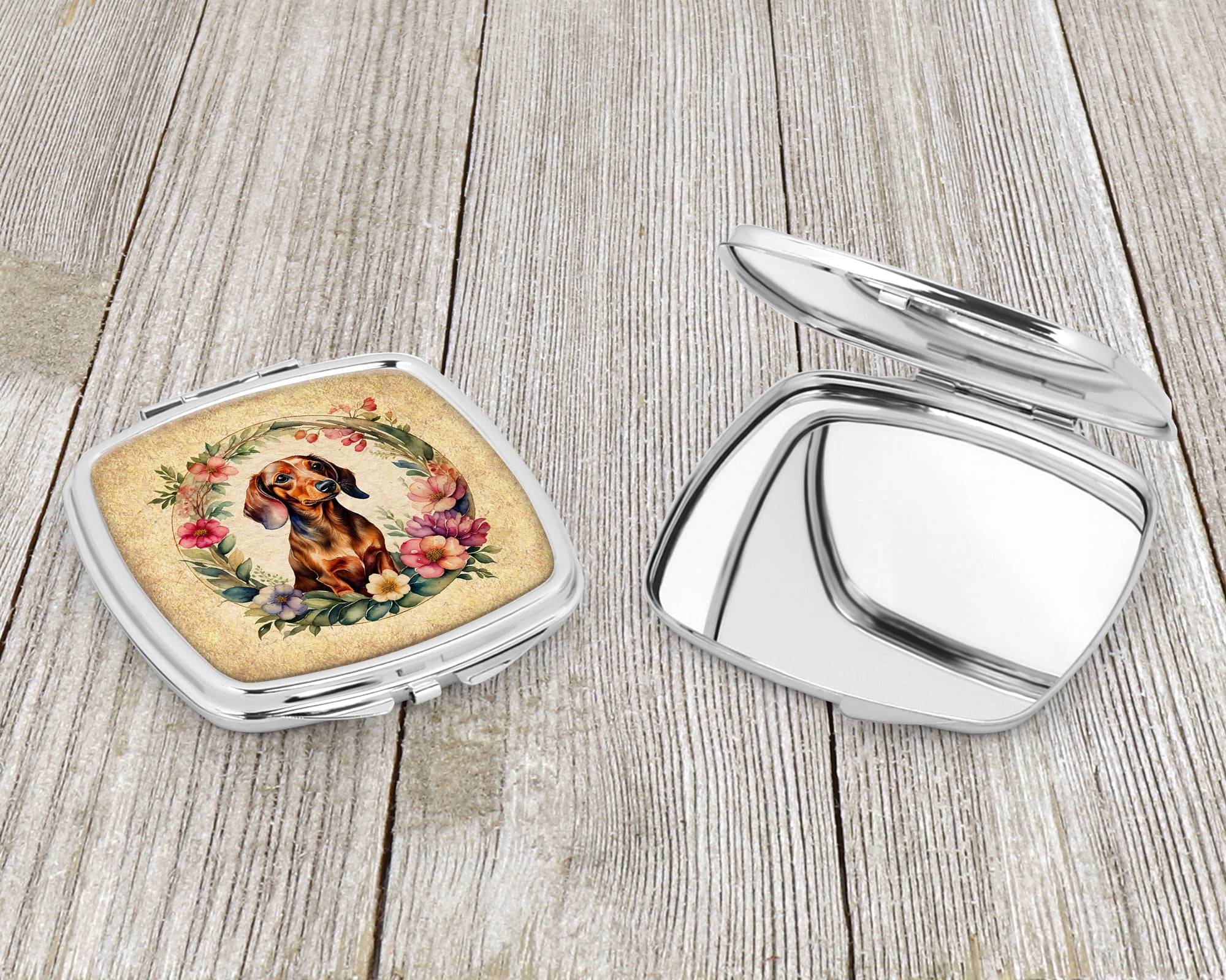 Dachshund and Flowers Compact Mirror 2.75 in x 3 in
