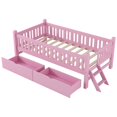 thumbnail image 4 of SESSLIFE Twin Platform Bed with Guardrail and 2 Drawers, Kid Bed Frame with Fence Railings, No Box Spring Needed, Solid Wood Slats Supported Bed for Children (Pink), 4 of 6