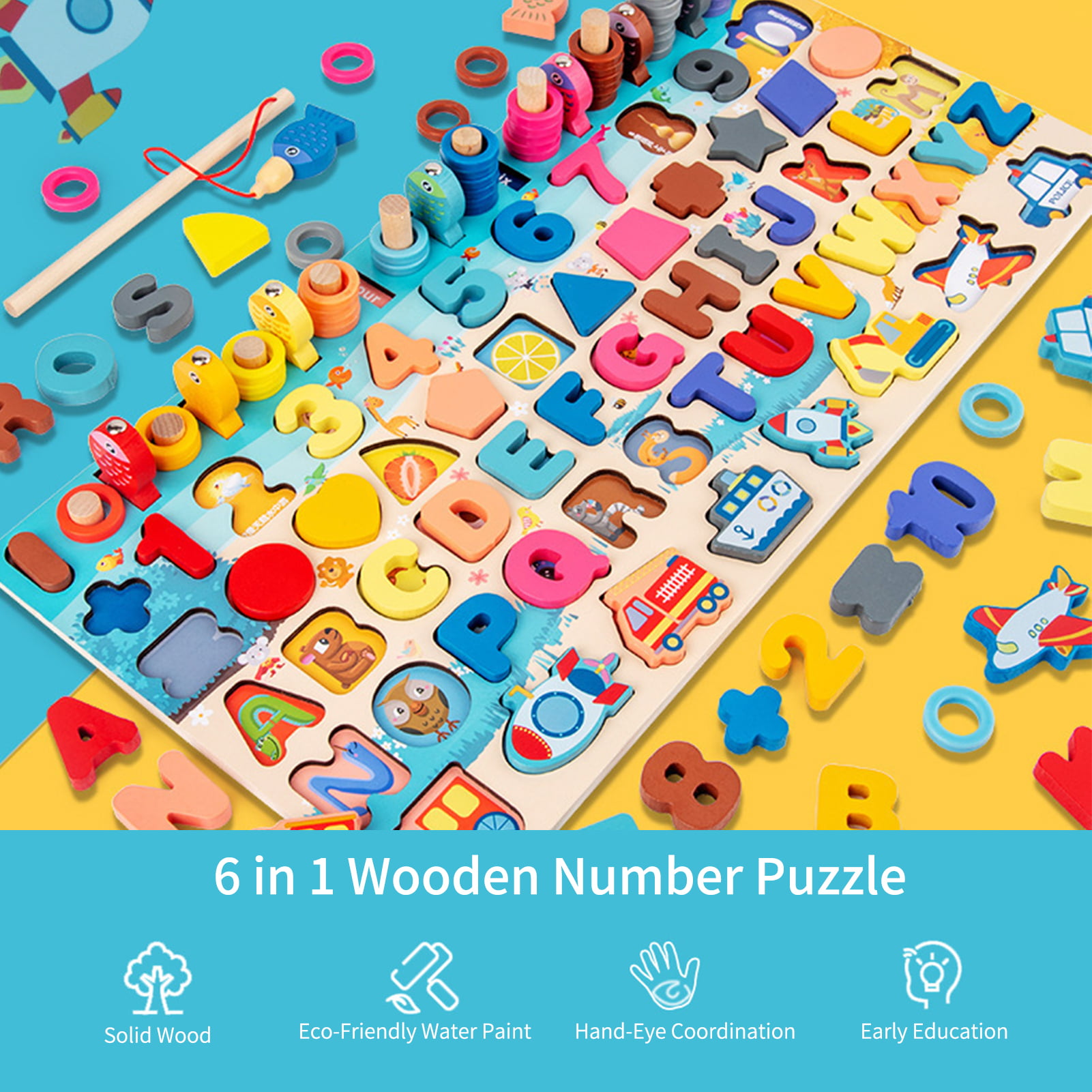 Sitodier Wooden Number Shape Puzzle Set Educational Montessori Sorting Toy  for Toddlers | Matching Counting and Fishing Game for 2 3 4 5 Years Old