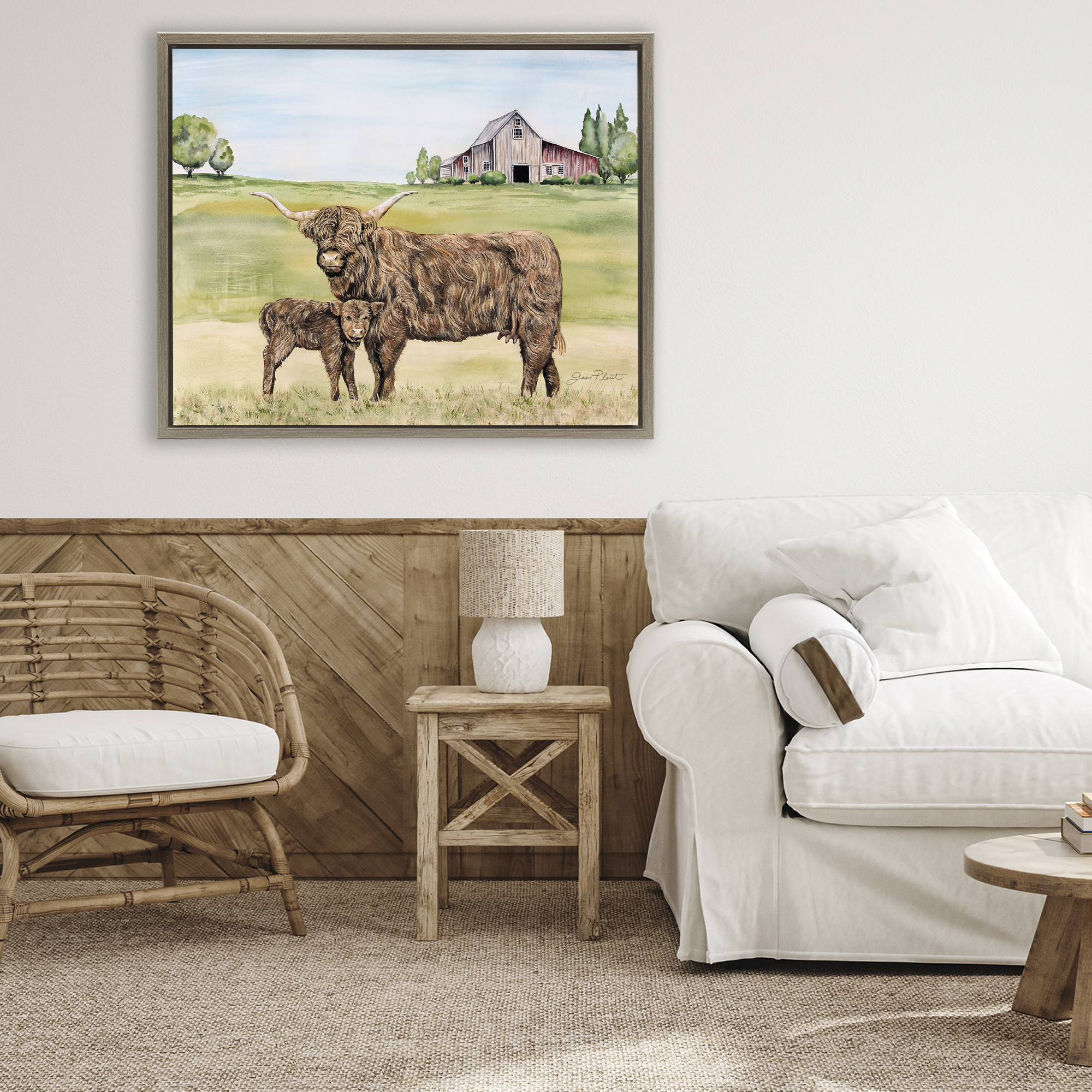 Highland Cow And Calf Brown Framed Floater Canvas Wall Art, design by Jean Plout