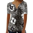 thumbnail image 2 of FloHua Womens Blouses Short Sleeve Print V-Neck Women's Fashion Casual Round Neck Pleated Printing Button Top Blouse, 2 of 5