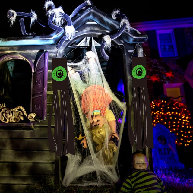 Harpily Event Party Decor Halloween Windsocks With White LED String Lights 47.2 Inch Light Up Hanging Outdoor Halloween Decorations Battery Operated Waterproof For Halloween Party Yard Decor