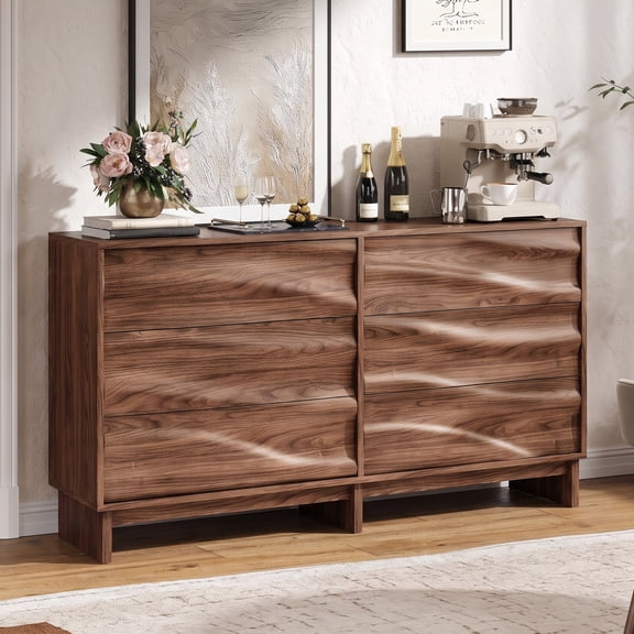 CasaBloom 59" Walnut Buffet Cabinet with Storage Sideboard Cabinet with 6 Drawers Kitchen Coffee Bar Credenza for Dining Room & Living Room