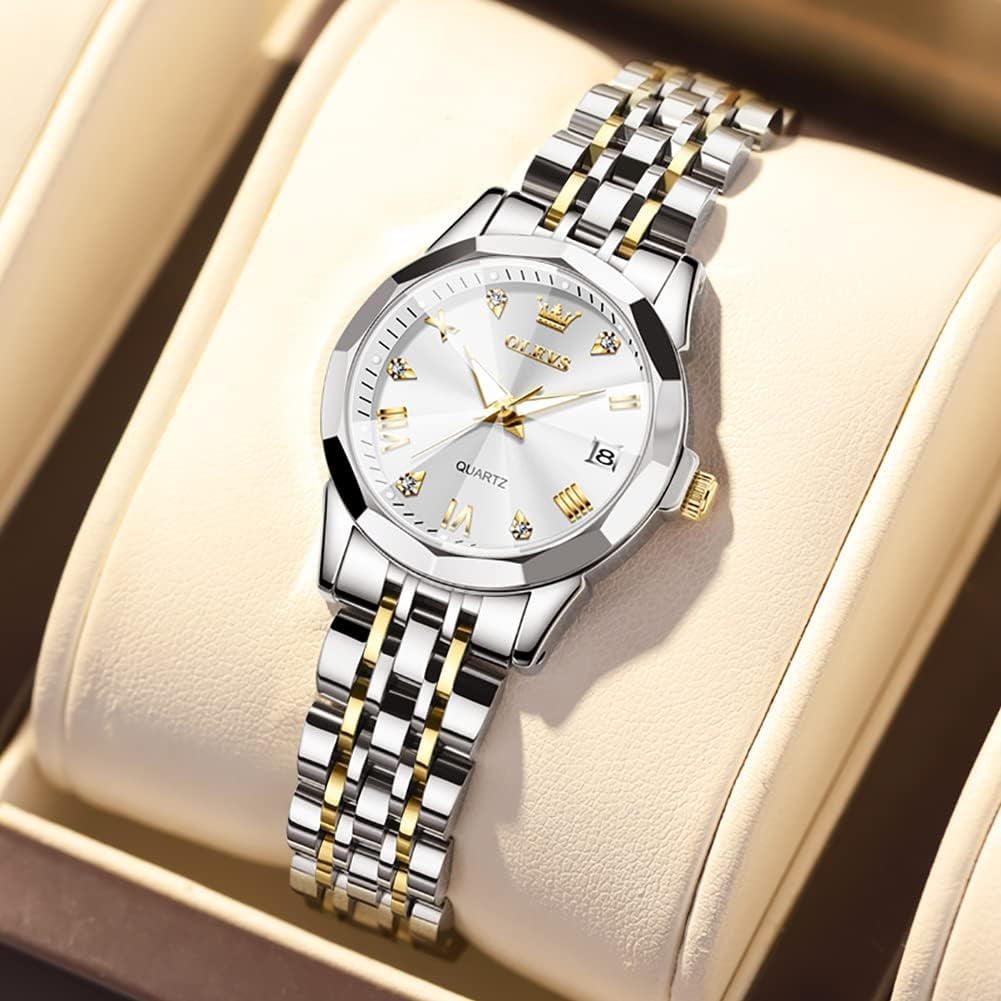 Silver Watch for Women Analog Quartz Diamond Fashion Elegant Dress Ladies Watch Stainless Steel Two Tone Day Date Wrist Watches Waterproof Luminous