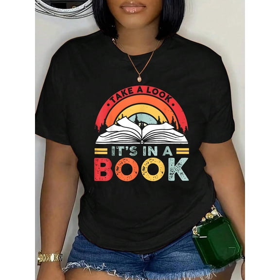 100% Cotton Take A Look It's in A Book Reading Book Vintage Rainbow T-Shirt Women's Men's Graphic Tee Casual Tops