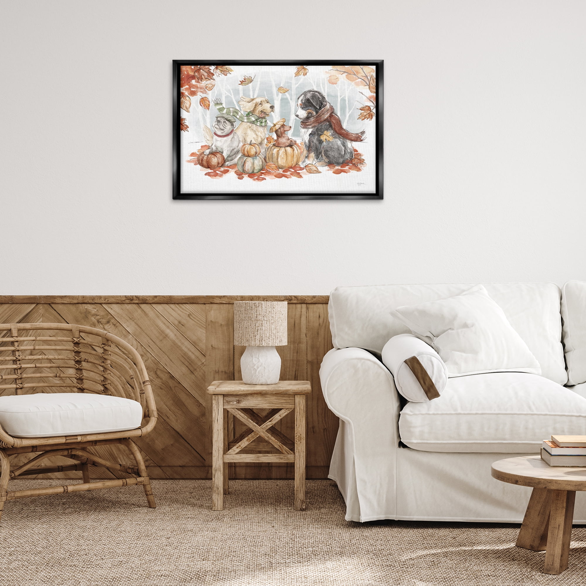 Stupell Industries Autumn Fun Dogs Holiday Painting Black Floater Framed Canvas Art Prints Wall Art, 31 x 21