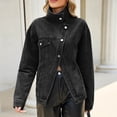 thumbnail image 2 of Women's Oversized Denim Jacket Stand Collar Asymmetric Button Long Sleeve Casual Jean Coat Vintage Washed Street Outerwear with Pockets Dark Gray, 2 of 7