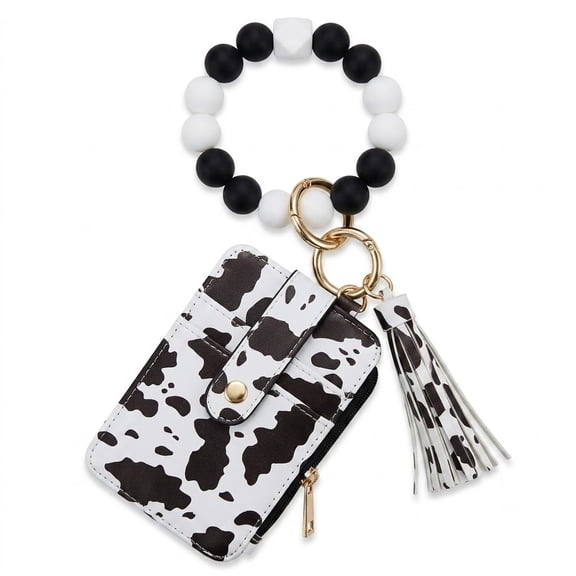 RUNDRAW Cow Print Silicone Bead Wristlet Keychain Card Holder Coin Purse