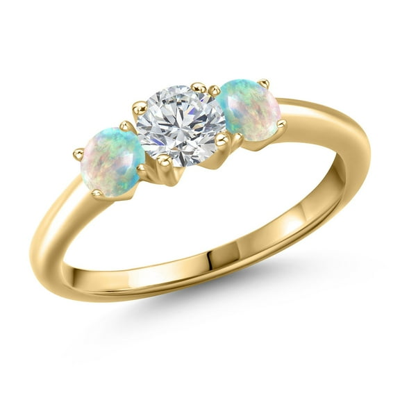 Gem Stone King 10K Yellow Gold Lab Grown Diamond and Simulated White Opal Engagement Ring for Women | 1.00 Cttw | Round 5MM | Gemstone April Birthstone | Size 5