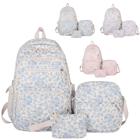 Blue Quilted Floral Backpack, School Backpack for her, Cute Floral Bookbag for Hers Teens for Elementary Middle High School Student, Back To School