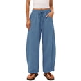 thumbnail image 5 of Women's Elastic Waist Pants Wide Leg Solid Color Drawstring Loose Casual Ankle Length Straight Leg Pants with Pockets Casual Summer Beach Travel Lounge Trousers, 5 of 6