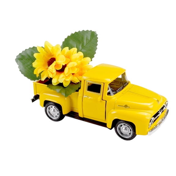 Mini Yellow Metallic Truck Decoration - Vintage Style with Flowers for Farmhouse and Holiday Decor