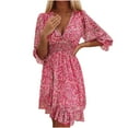 thumbnail image 2 of Njoeus Women Casual V-Neck Froral Print Mini Dress Long Sleeve Ruffle Flowy Midi Dress Smocked High Waist Fall Dresses, 2 of 9