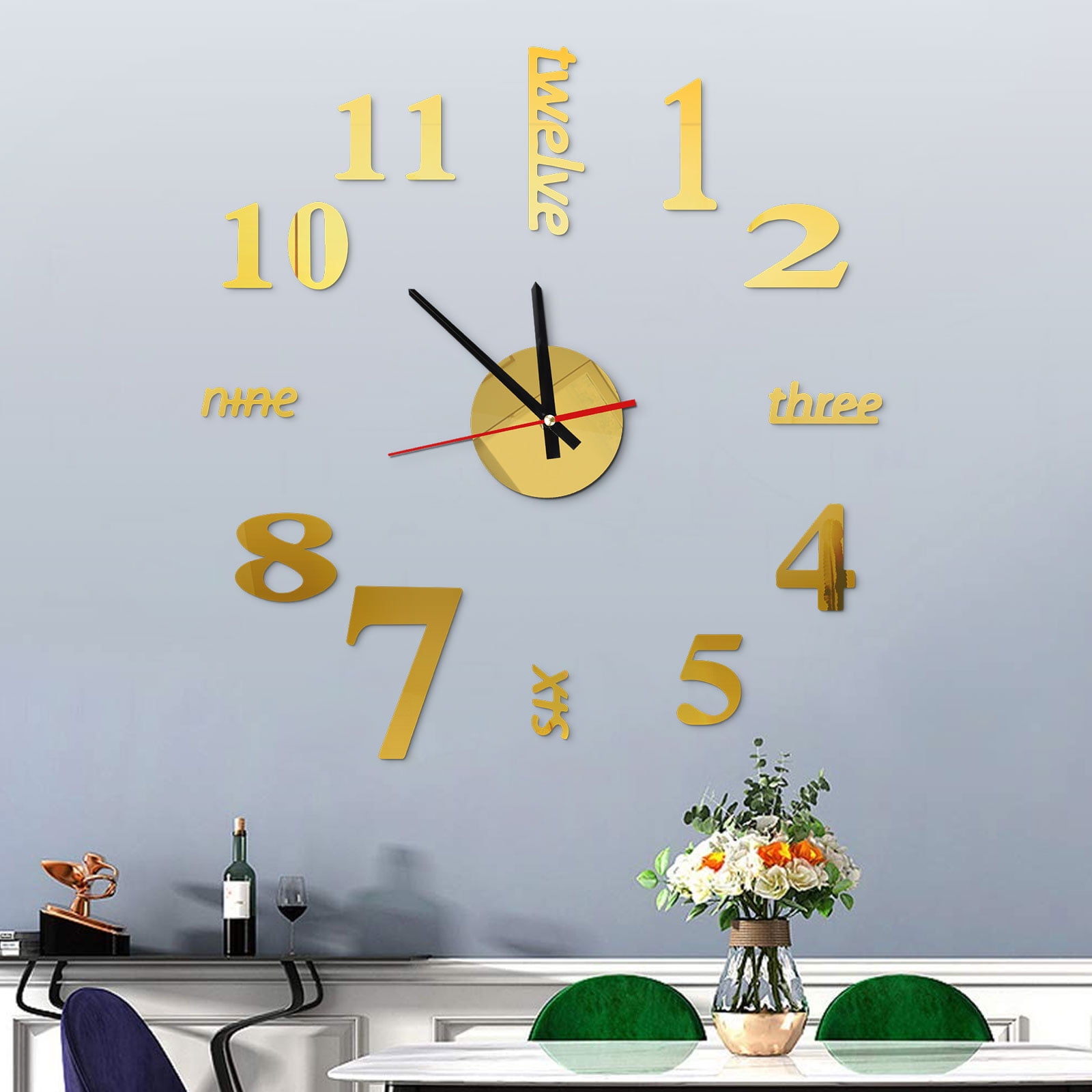 TSV Modern DIY Wall Clock Kit, 3D Frameless Wall Clock, Mirror Surface