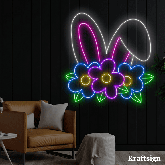 Craftnamesign Rabbit Ears Flora Neon Sign, Easter Day Decor, Kid Room Decor