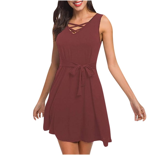 Pompotops Robe Mini Sans Manches à Bretelles Croisées Col en V pour Femmes