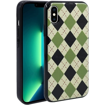 Phone Case for iPhone Xs Max, Kawaii TPU Bumpers Back Phone Cover for iPhone Xs Max (6.5 inch), Women Girl Cute Protective Cases Slim Cover, Green Diamond Grid