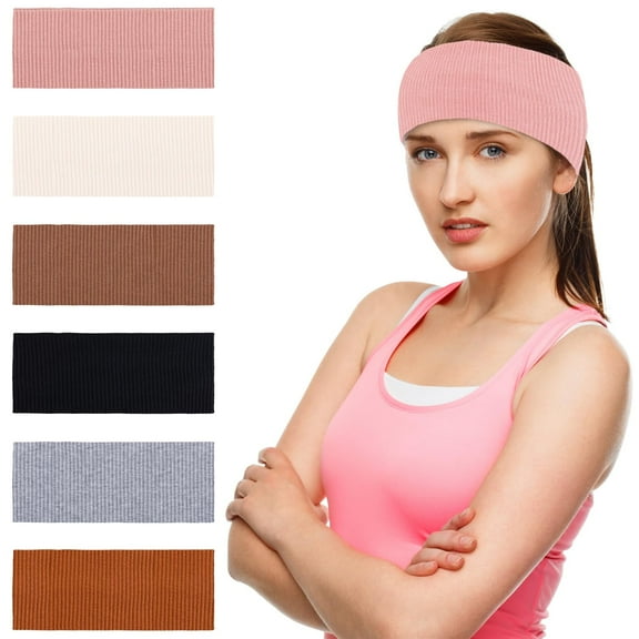 6pcs Wide Headbands for Women, Non Slip Knit Fabric Hair Band Elastic Boho Head Band Stylish Sport Stretchy Hairbands for Girls Yoga Running Make Up Face Wash