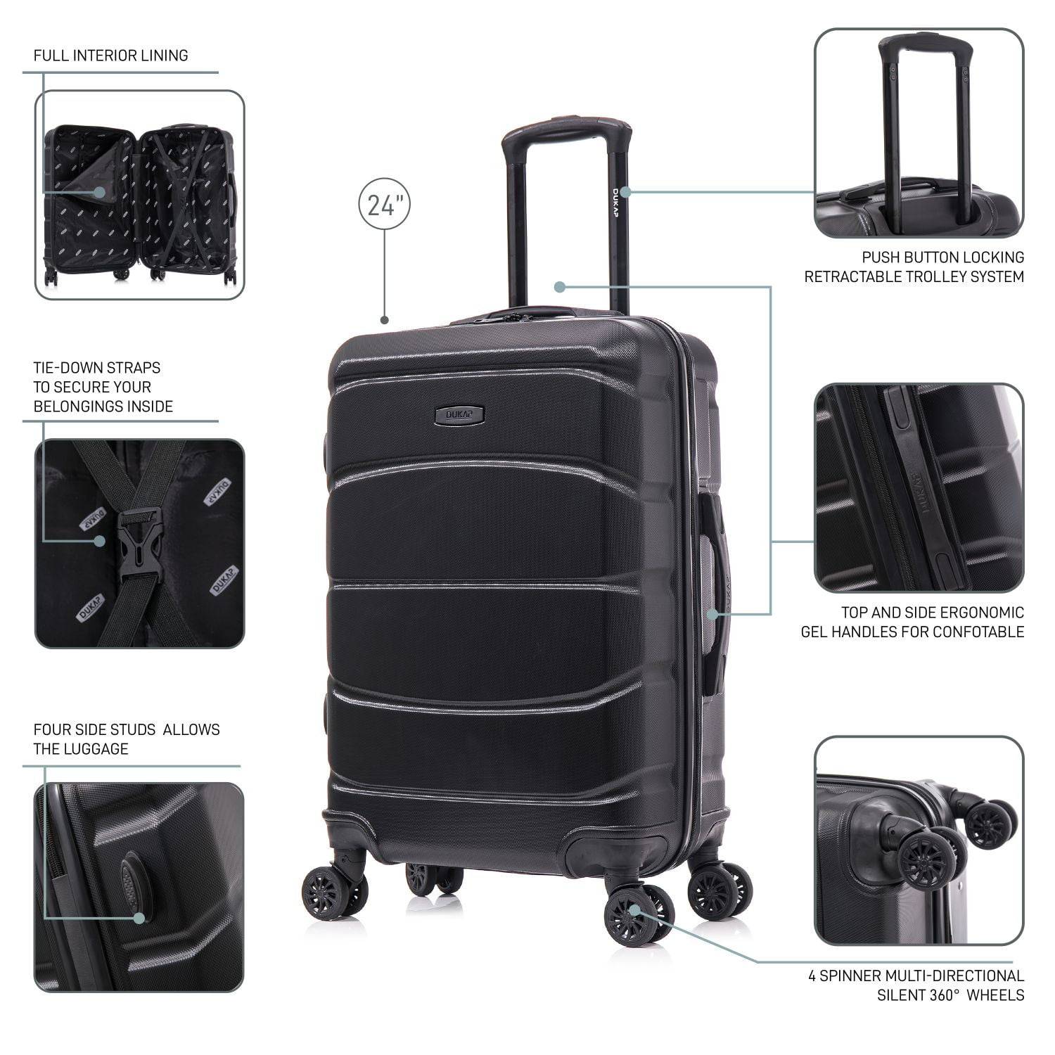 DUKAP SENSE 28" Hardside Lightweight Checked Luggage with Spinner Wheels, Handle and Trolley, Black