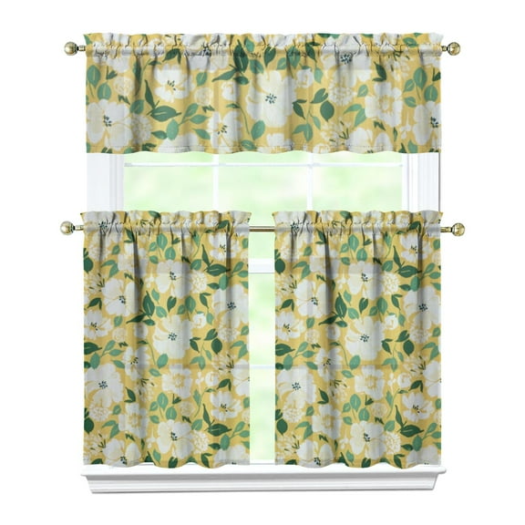 Pioneer Kitchen Curtains and Valance Set 36 Inch Tier Painted Floral Lemon 3 Pieces Set Dining Room Small Curtain Drapes Cafe Curtains Valance for Home Decor Rod Pocket