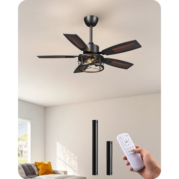 EDISHINE 42 inch Ceiling Fan with Light and Remote Control, Brown,5 Wood Blades, Rustic Farmhouse Ceiling Fan with Light for Living Room, Bedroom, Wet Rated