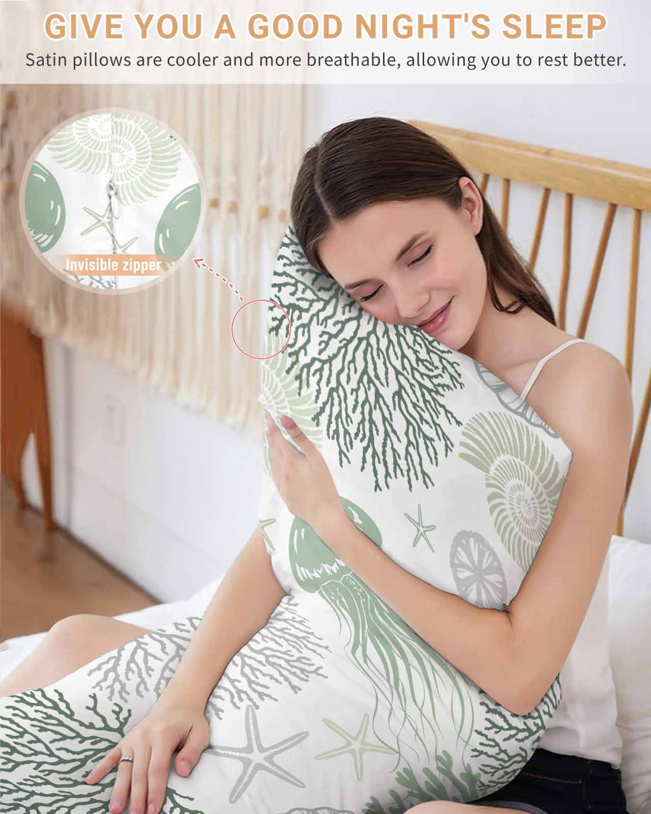 Sage Green Coastal Pillow Cases Cal King Size, Smooth Satin Pillowcase for Hair and Skin, Coral Jellyfish Nautical Decorative Cooling Bed Pillow Covers with Zipper, 20x40 Inches