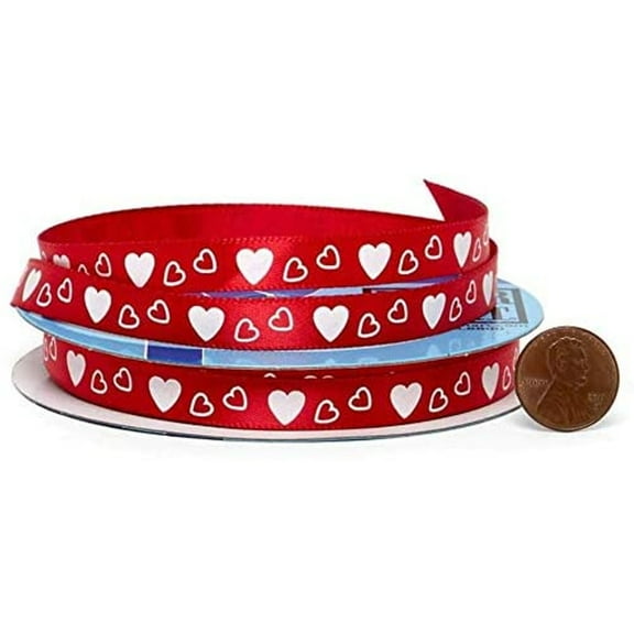 3/8" Wide White Hearts on Red Satin Ribbon - 25 Yards (56121802)