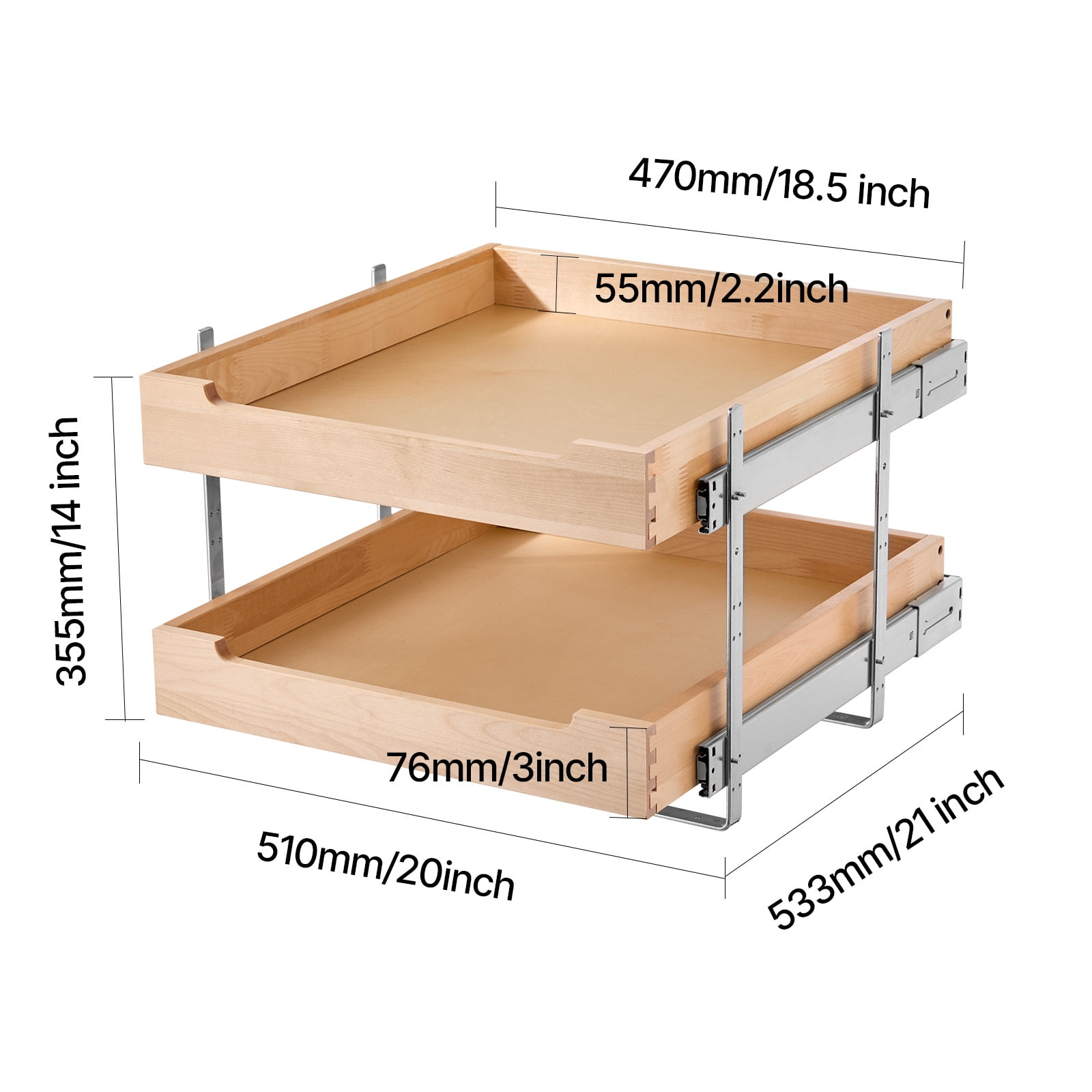 VEVOR 2 Tier Pull Out Cabinet Organizer, 20"W x 21"D Cabinet Drawer, Soft Close Slide out Shelf, Heavy-Duty Sliding Wood Drawer, Adjustable Base Cabinet Organization for Kitchen Pantry Bathroom