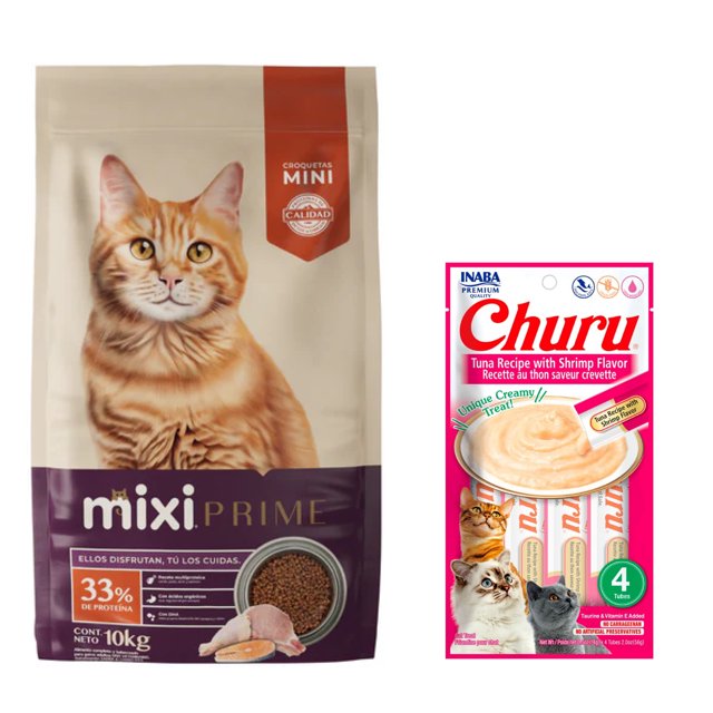 Mixi Prime 10 Kg + Churu Atún con Camaron Sobre con 4 Tubos de 14 g
