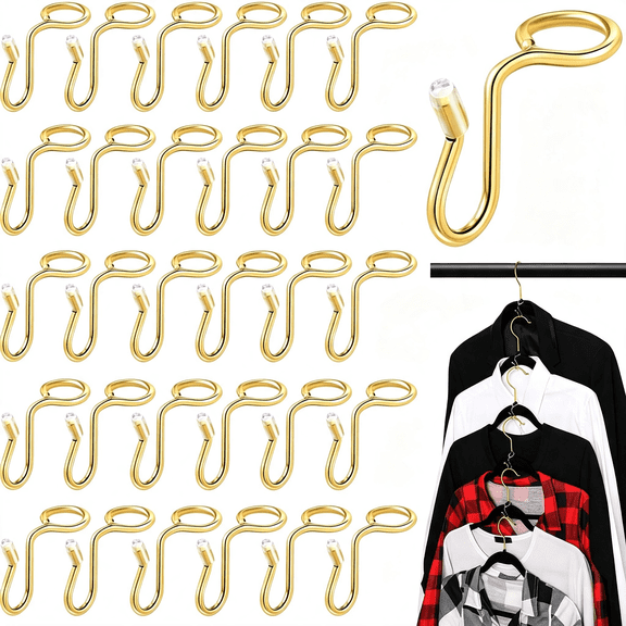 XIBUFE 50 Pieces Clothes Hanger Connector Hooks,Metal Clips Extender Hooks for Velvet Hangers Closet Space Saving(Durable Hanger Hooks Gold,50 Pieces)