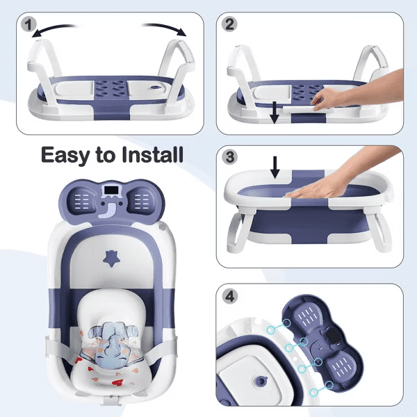 Tumajup Foldable Baby ‎Bathtub Elephant PP+TPE with Soft Cushion&Thermometer for 0-36 Months Toddler Gray