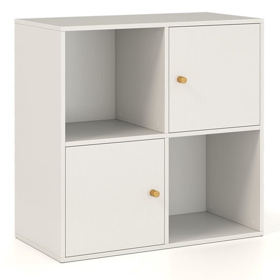Furnibear Freestanding Bookcase with Doors and 2 Open Cubes in a Compact 24 in Cabinet with Adjustable Hinges for Book Storage and Display in a Living Room or Office, White