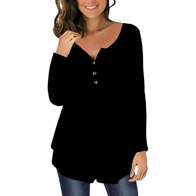 AherBiu Tuniques pour Femmes Manches Longues Bouton Col Rond Blouses Amples Fluides Automne
