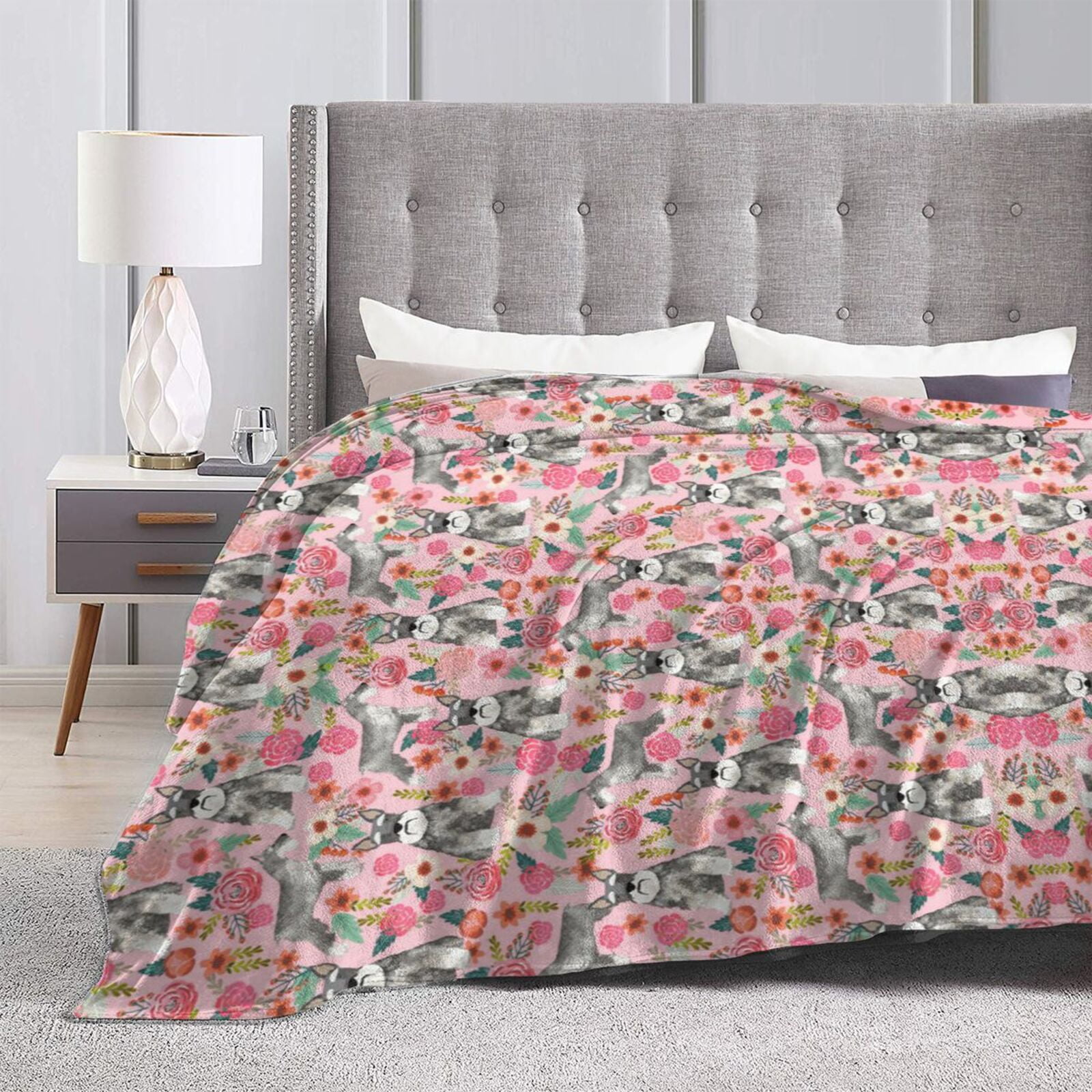 Wijzvio Schnauzer Dogs Flower Floral Throw Blanket Soft Fuzzy Fleece Blanket For Couch Bed Living Room Decoration 60"X50"