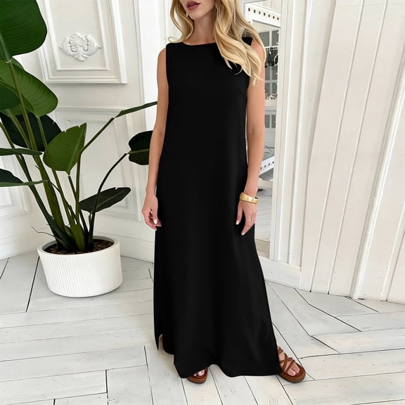 Gamivast Maxi Dresses for Women Loose Fit Crew Neck Long Dress Sleeveless Column Dress Solid Side Slit Casual Style for Summer Beach Lounge