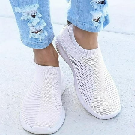 

XWQWJH FZ- Flat-bottom leisure socks flying woven foot sports women s shoes white