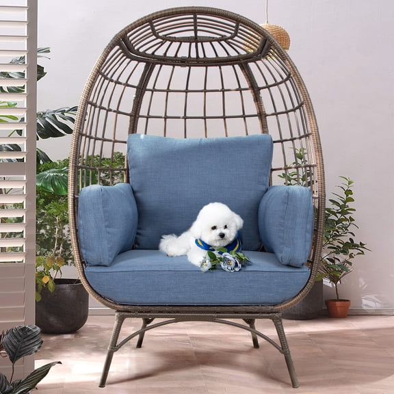 MeetLeisure Patio Brown Wicker Indoor/Outdoor Egg Lounge Chair with Blue Cushions