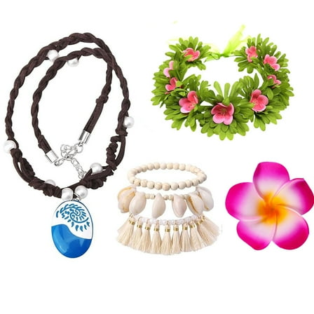 Princess Costume Accessories Set Include Ocean Pendant Hawaii Flowers Garland Headband Flower Hair Clip