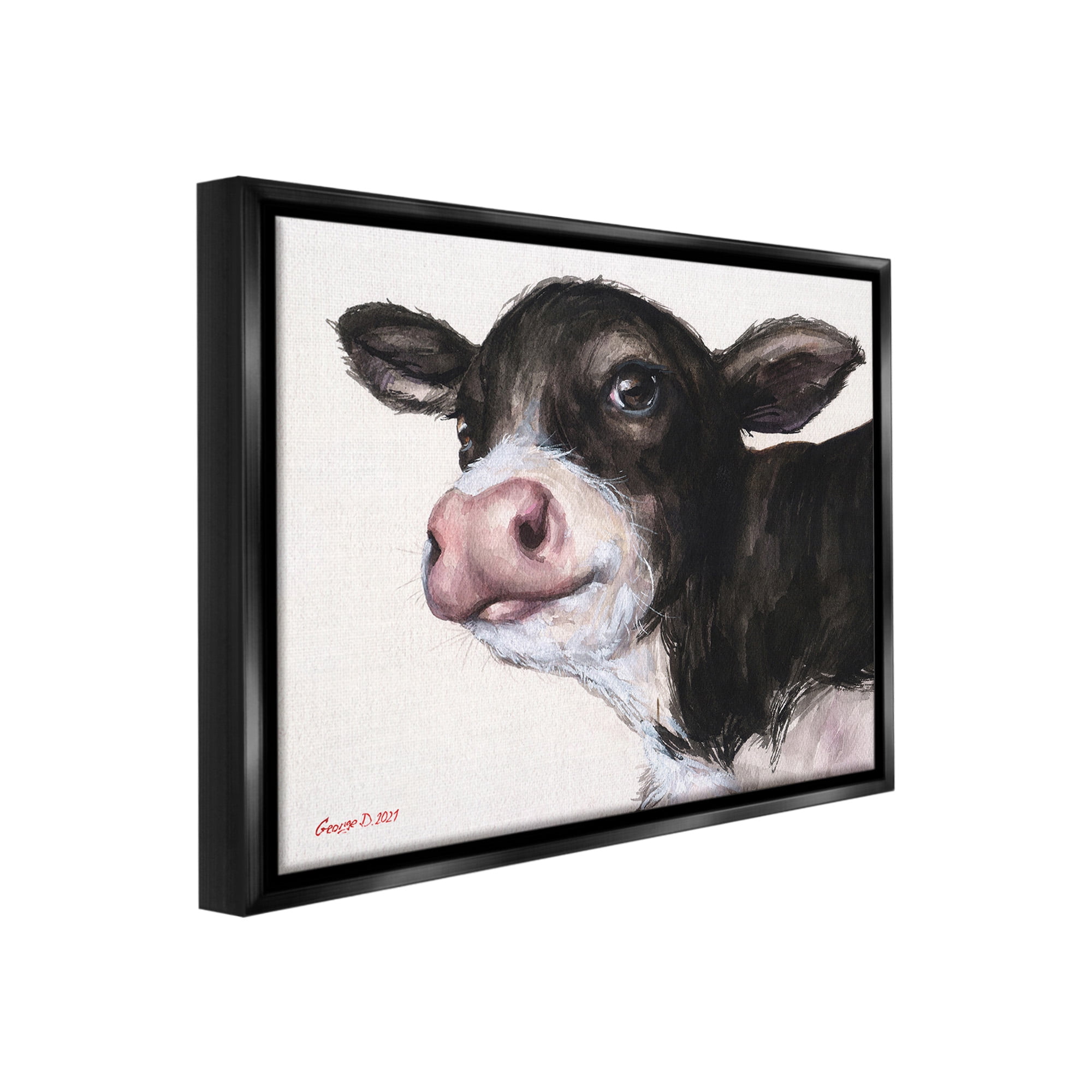 Stupell Industries Cow Calf Minimal Painting Animals & Insects Painting Black Floater Framed Canvas Art Print Wall Art, 21 x 17