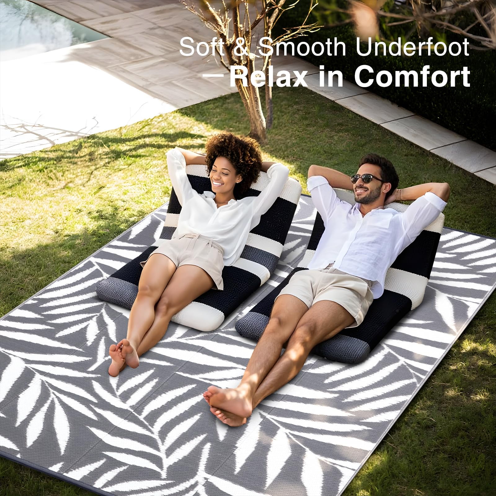 Smiry Outdoor Rugs 5x8, Waterproof Plastic Straw Indoor Outdoor Mat for Patio, RV Camping, Deck,Porch, Grey & White