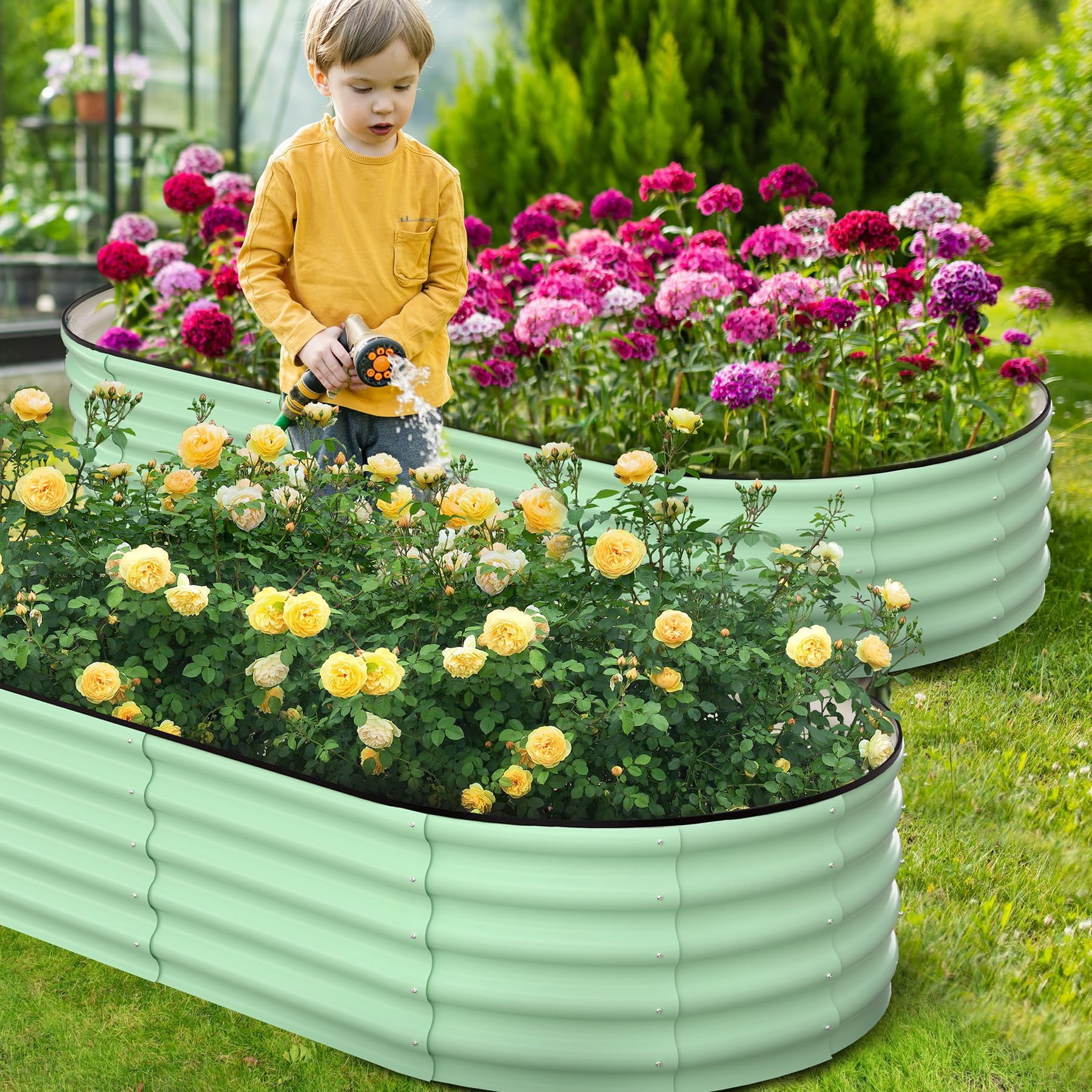 Heavy Duty Metal Raised Garden Bed – 8x2x1FT Oval Planter Box for Outdoor Vegetable, Flower, Herb Gardening, for Garden & Backyard & Patio, Olive Green
