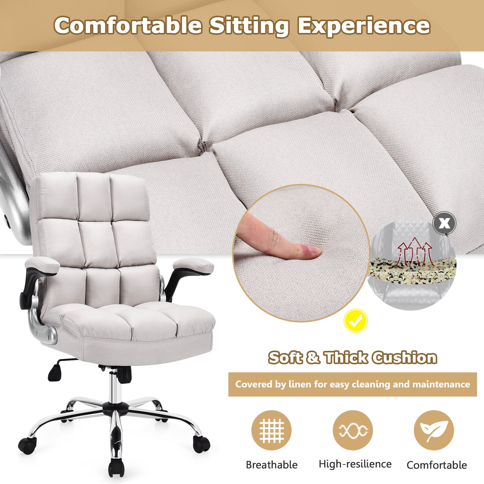 Globalway Giantex Linen Indoor High Back Computer Desk Chair with Thick Padding, Beige